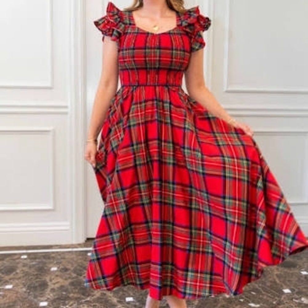 Elegant Red Plaid Midi Dress